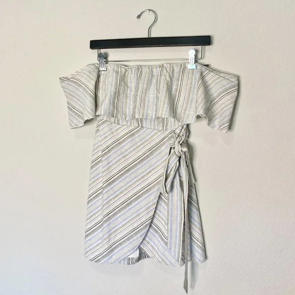 Superdown | Revolve Striped Multicolor Off Shoulder Wrap Mini Dress - Picture 4 of 9